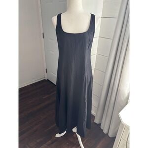 GAP Dress Womens Small Petite Black Linen Blend Square Neck Smocked‎ Midi A-Line